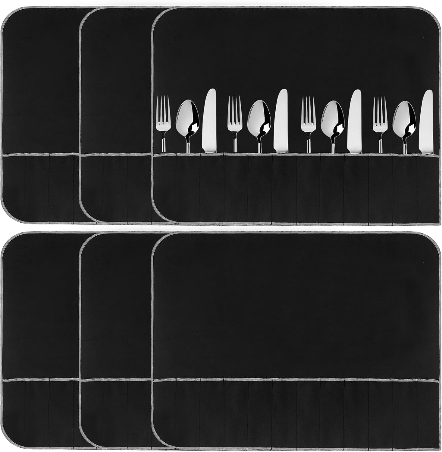 Nangua 6 Pieces Anti-tarnish Silverware Protective Bag, Black Silver Protection Roll with White Ribbon, Tableware Protector Cloth Placement Roll, Silverware Flatware Storage Organizer