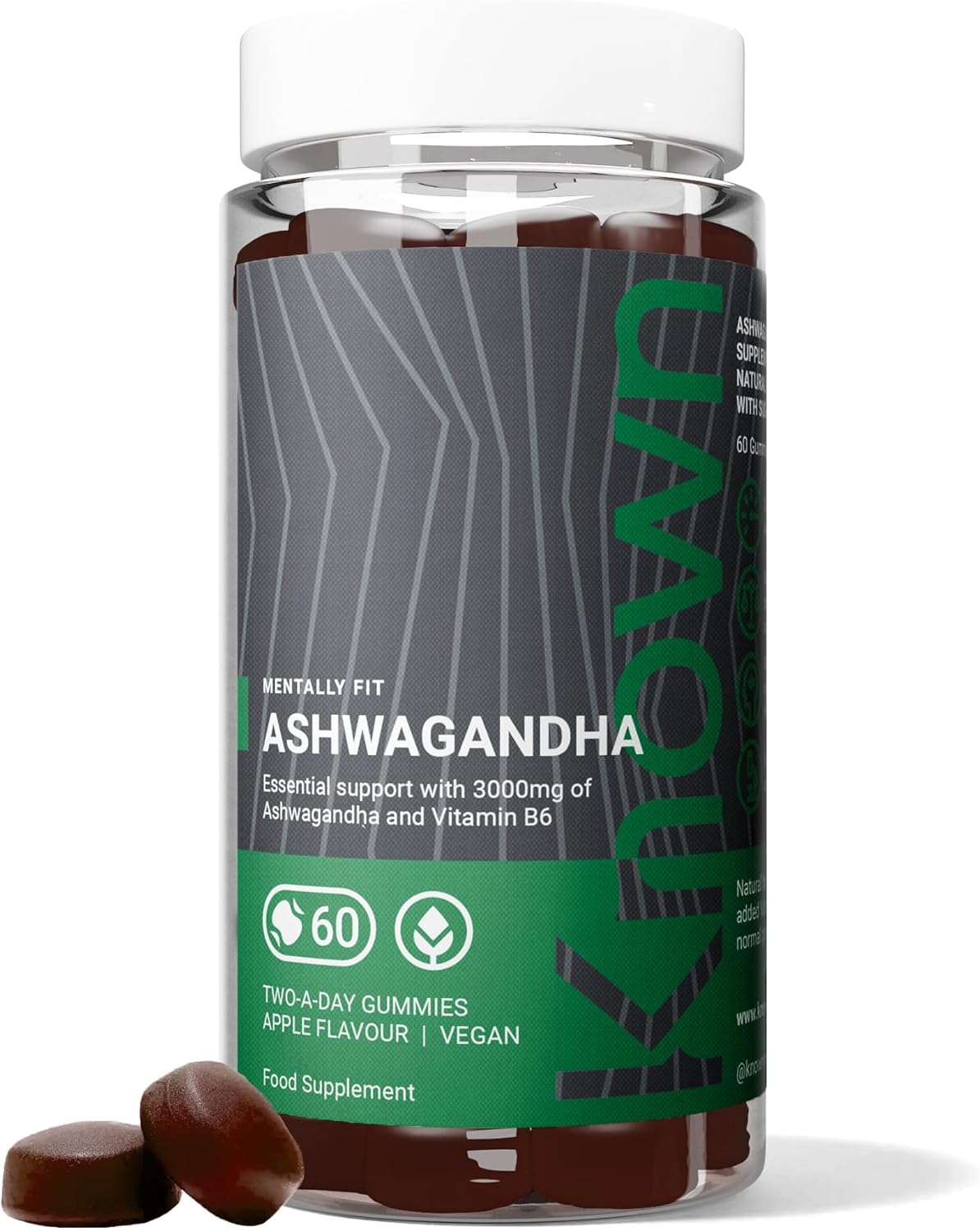 Known Ashwagandha Gummies 3000MG High Strength by Known Nutrition with Vitamin B6 | 60 Two-a-Day Gummies | Natural Botanical Extract | Natural Apple Flavour (1)