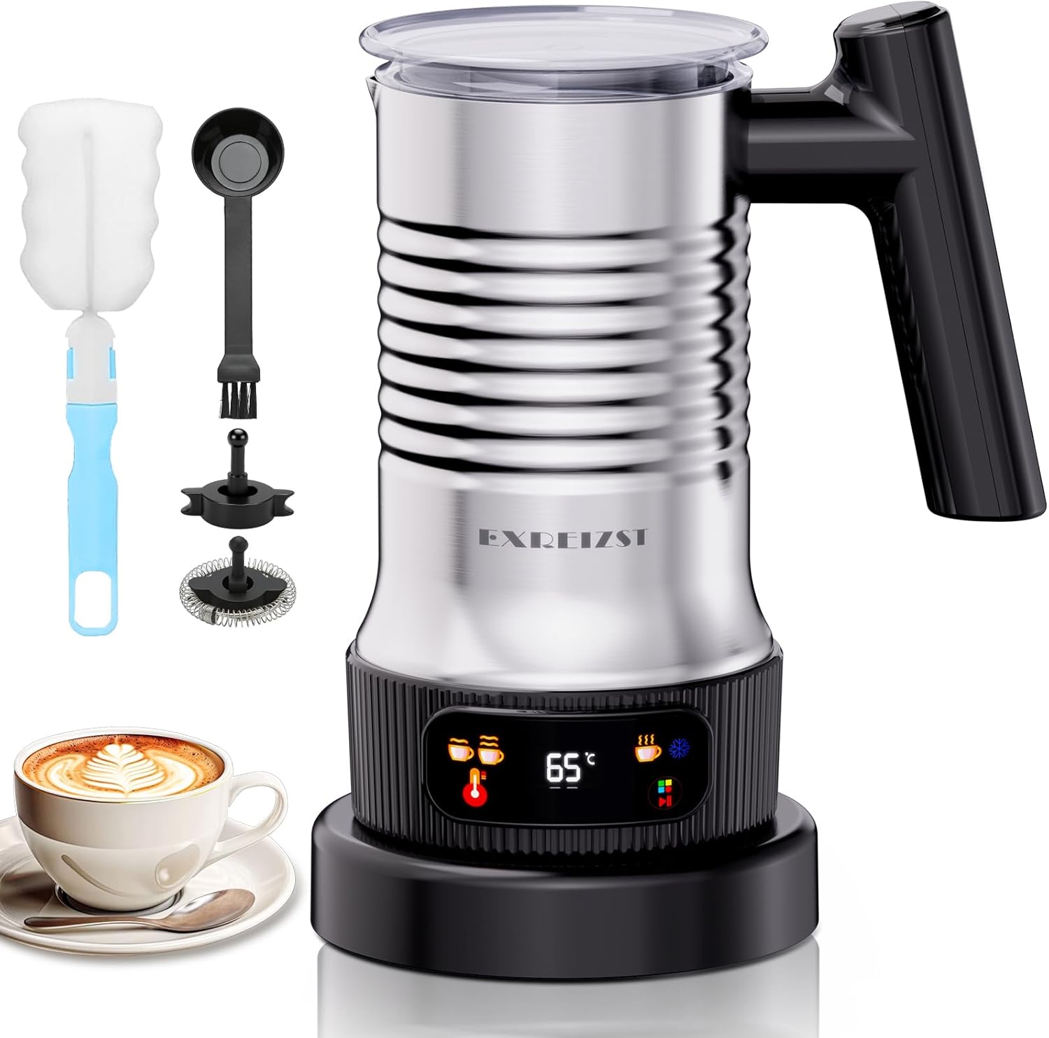 [Upgraded] Milk Frother 4-in-1 Electric Milk Frother with LED Display - Whisper Quiet (50dB), Hot/Cold Foam Maker for Latte & Hot Chocolate, Stainless Steel, Ideal for Home & Office