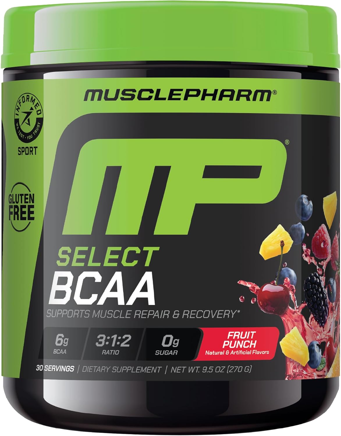 MusclePharm Essentials BCAA Powder, Pre & Post Workout Recovery Drink, Supports Muscle Recovery & Energy, Essential Amino Acids, 30 Serv, Fruit Punch