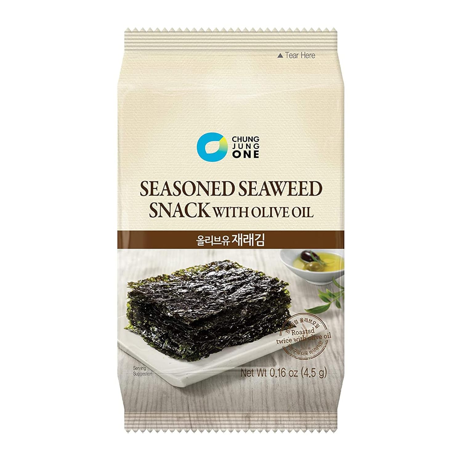 Chung Jung One Seasoned Seaweed Snacks (Kim Nori), Roasted with Oliver Oil, Product of Korea, 18 count (18 individual pack), 0.16oz (4.5g)