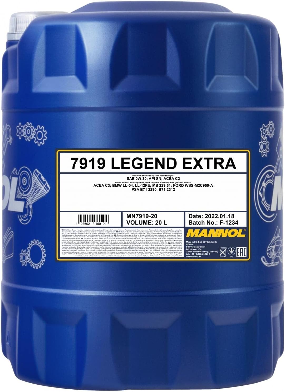 Mannol 20 Litre Legend Extra 0W-30 Engine Oil 7919 API SP ACEA C2 Universal Bi-Synthetic PAO And Ester Technology