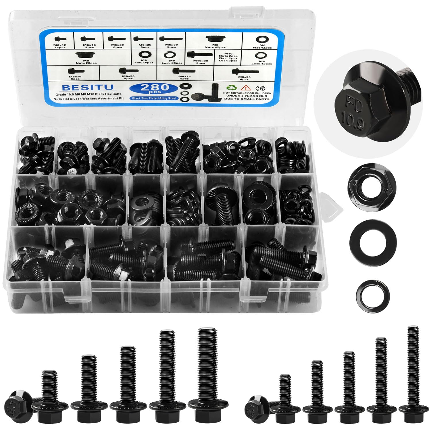 280Pcs Metric Flange Bolt Assortment, M6x1.0, M8x1.25, M10x1.5 (12mm to 30mm) Assorted Hex Bolts and Nuts Washers Kit for Automotive, 10.9 Black Zinc Galvanized