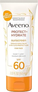 Aveeno Protect + Hydrate Sunscreen Moisturizing Face Lotion with Broad Spectrum SPF 60 and Prebiotic Oat, Paraben, Phthalate, Oxybenzone and Oil Free Sunscreen for Sensitive Skin, 2.0 FL OZ