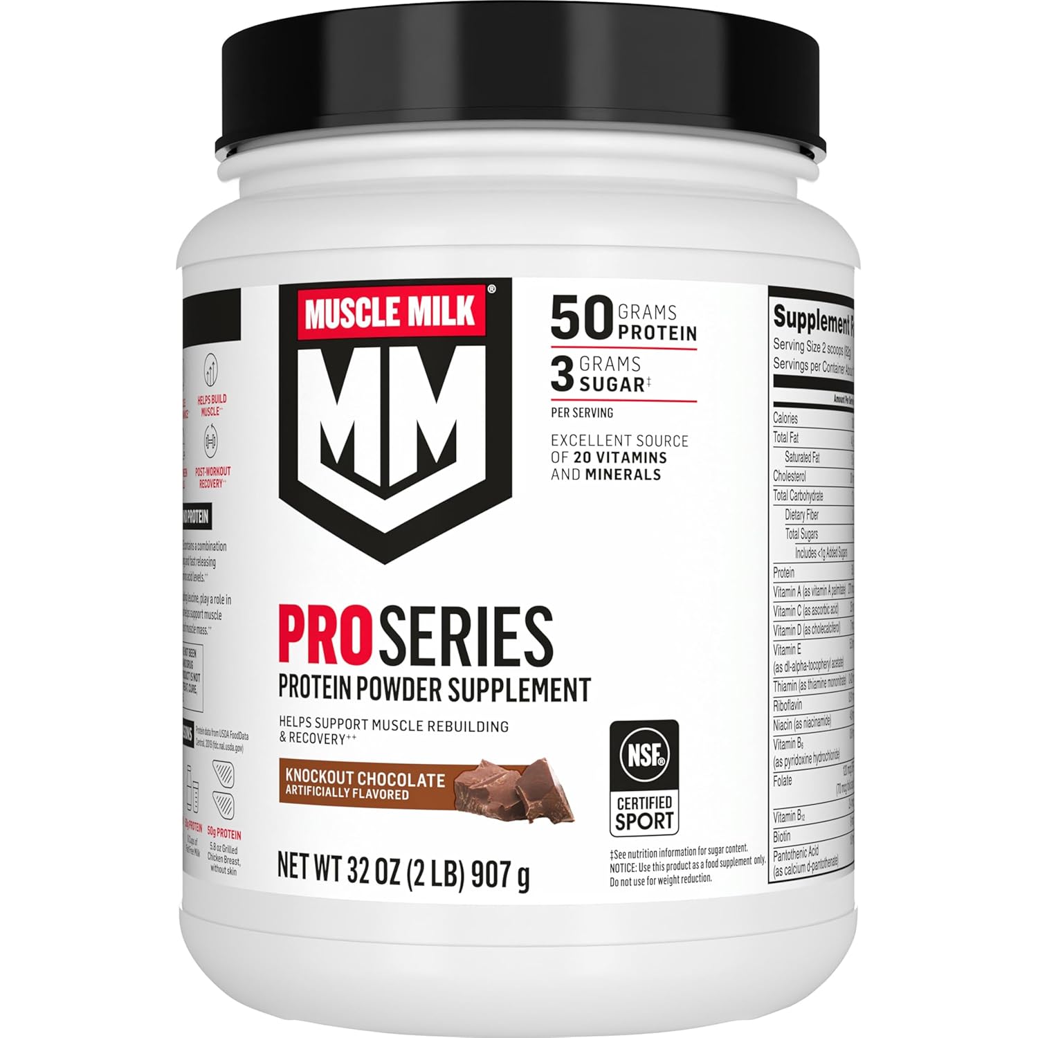 Muscle Milk Pro Series Protein Powder Supplement,Knockout Chocolate,2 Pound,11 Servings,50g Protein,3g Sugar,20 Vitamins & Minerals,NSF Certified for Sport,Workout Recovery,Packaging May Vary
