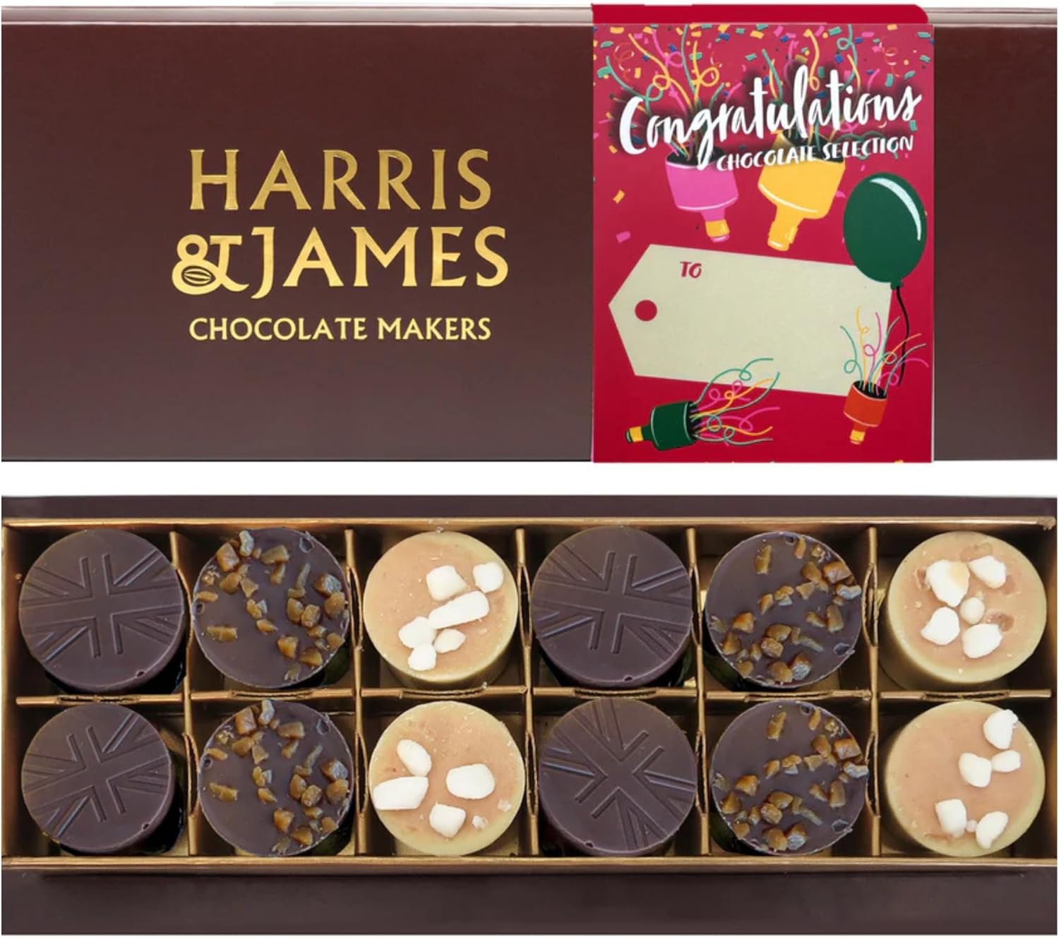 HARRIS & JAMES - Congratulations Gift Box (12 Pack) Filled With Milk and White chocolate Truffles. Handcrafted Chocolate In Three Flavours Eton Mess, Salted Caramel & Biscuit Royal.