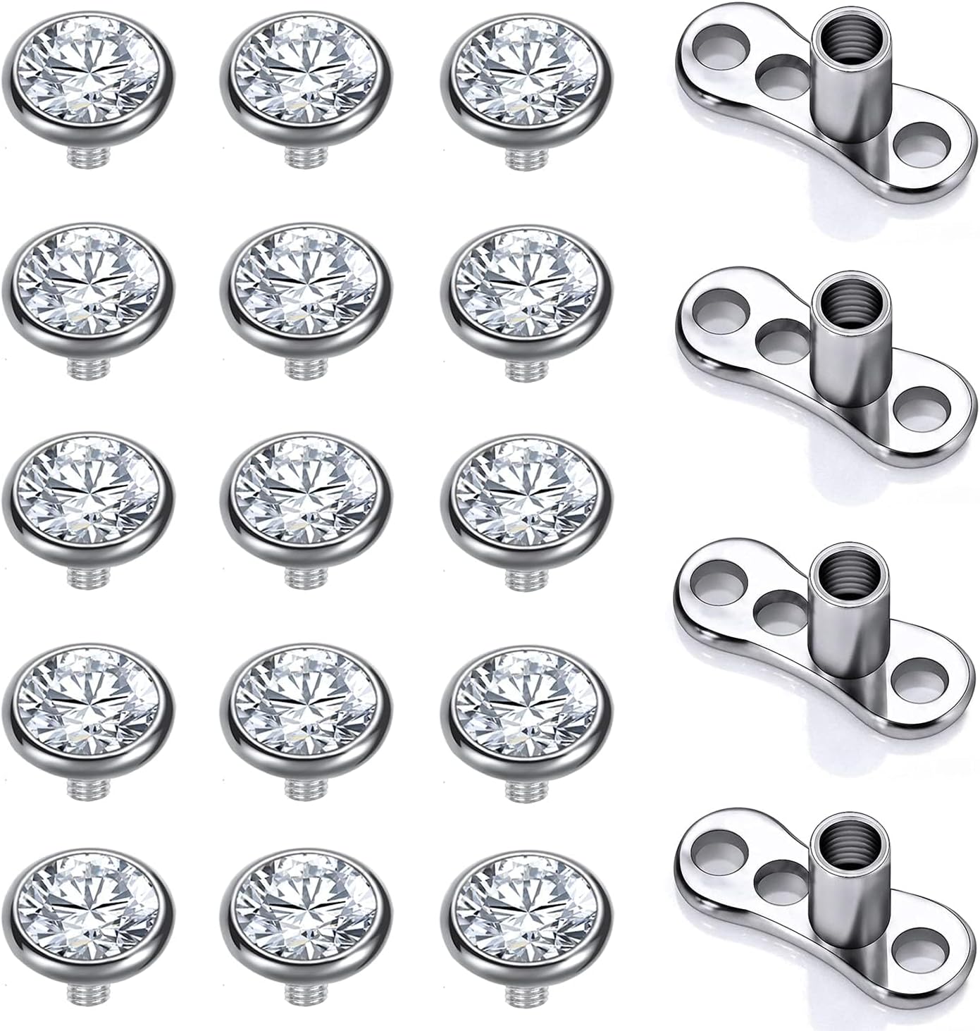 ZS 14/15PCS Cubic Zirconia Dermal Anchor Tops 2mm 3mm 4mm, 14G Surgical Steel Internally Threaded Dermal Anchor Base Microdermals Piercing for Women Men