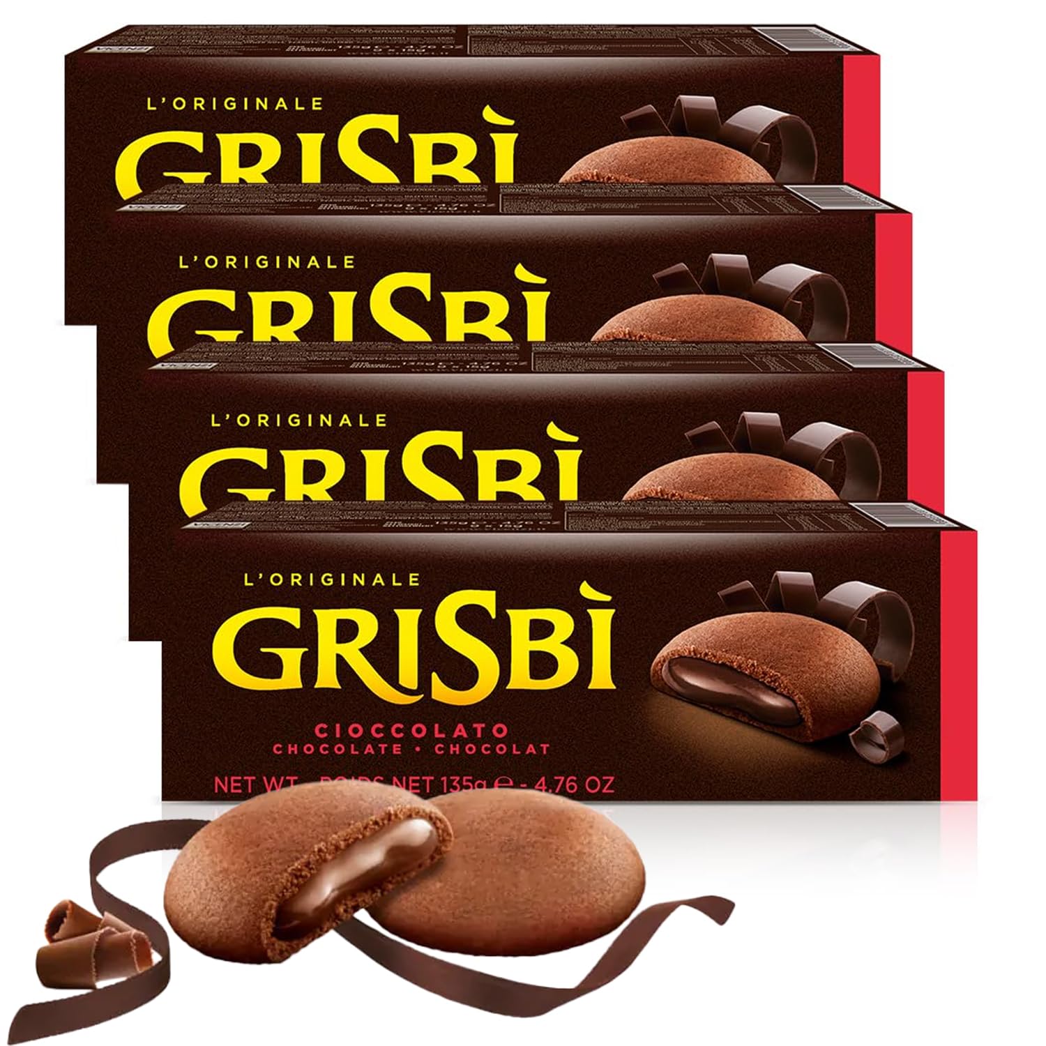 Grisbi Double Chocolate Shortbread by Pasticceria Matilde Vicenzi, Chocolate Cream Filled Patisserie Pastry Cookie, All-Natural, Kosher Dairy, Made in Italy, 4.76oz (135g) Box, 4-Pack