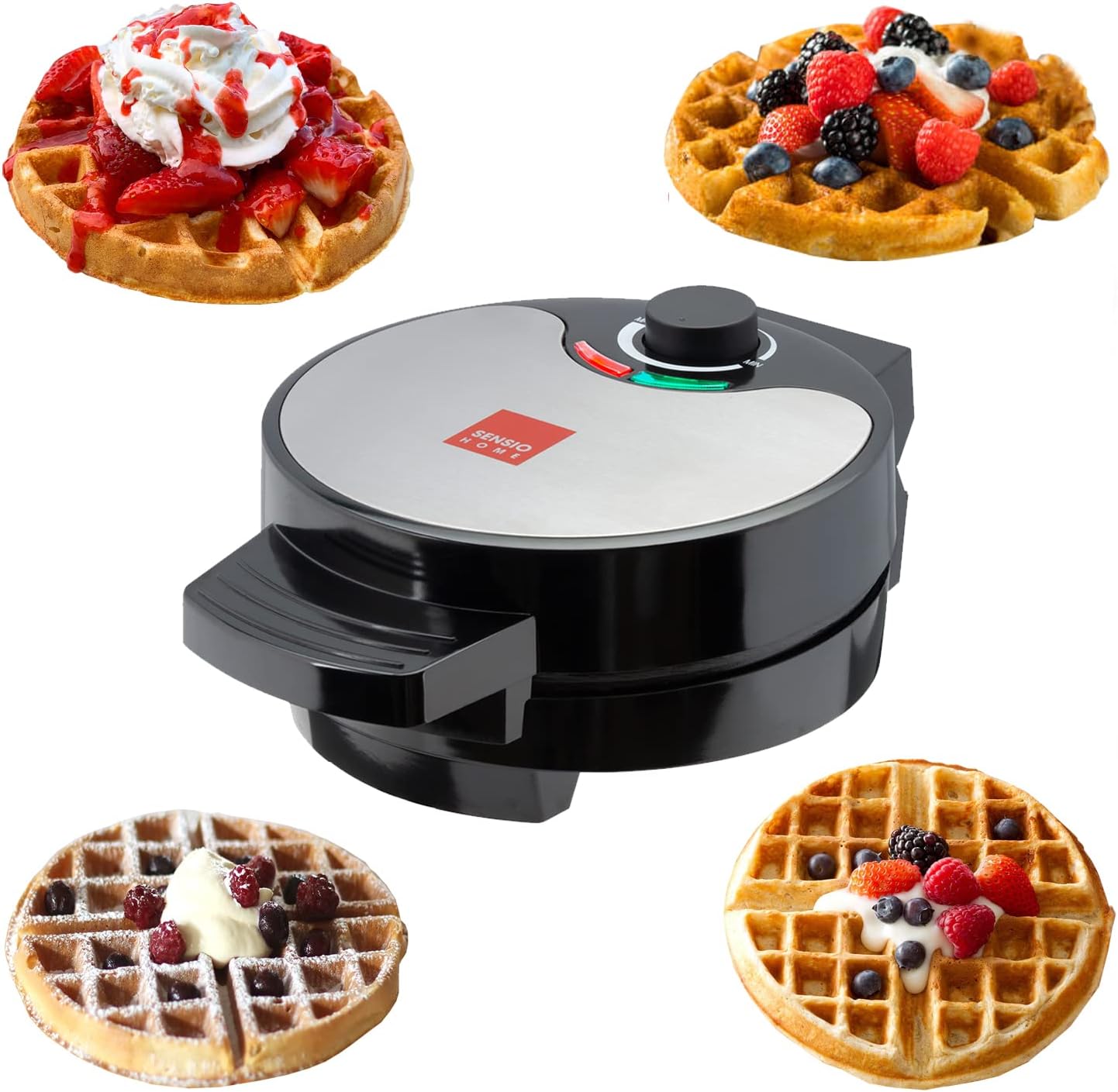 Global Gourmet - FULL SIZE American Waffle Maker Iron Machine 700W I Electric I Stainless Steel Mould I Non-Stick Coating I Recipes I Deep Cooking Plates I Adjustable Temperature Control - Black