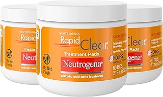 Neutrogena Rapid Clear Maximum Strength Acne Face Pads with 2% Salicylic Acid Acne Medication to Help Fight Breakouts, Oil-Free Facial Cleansing Pads for Acne-Prone Skin, 60 ct, Pack of 3