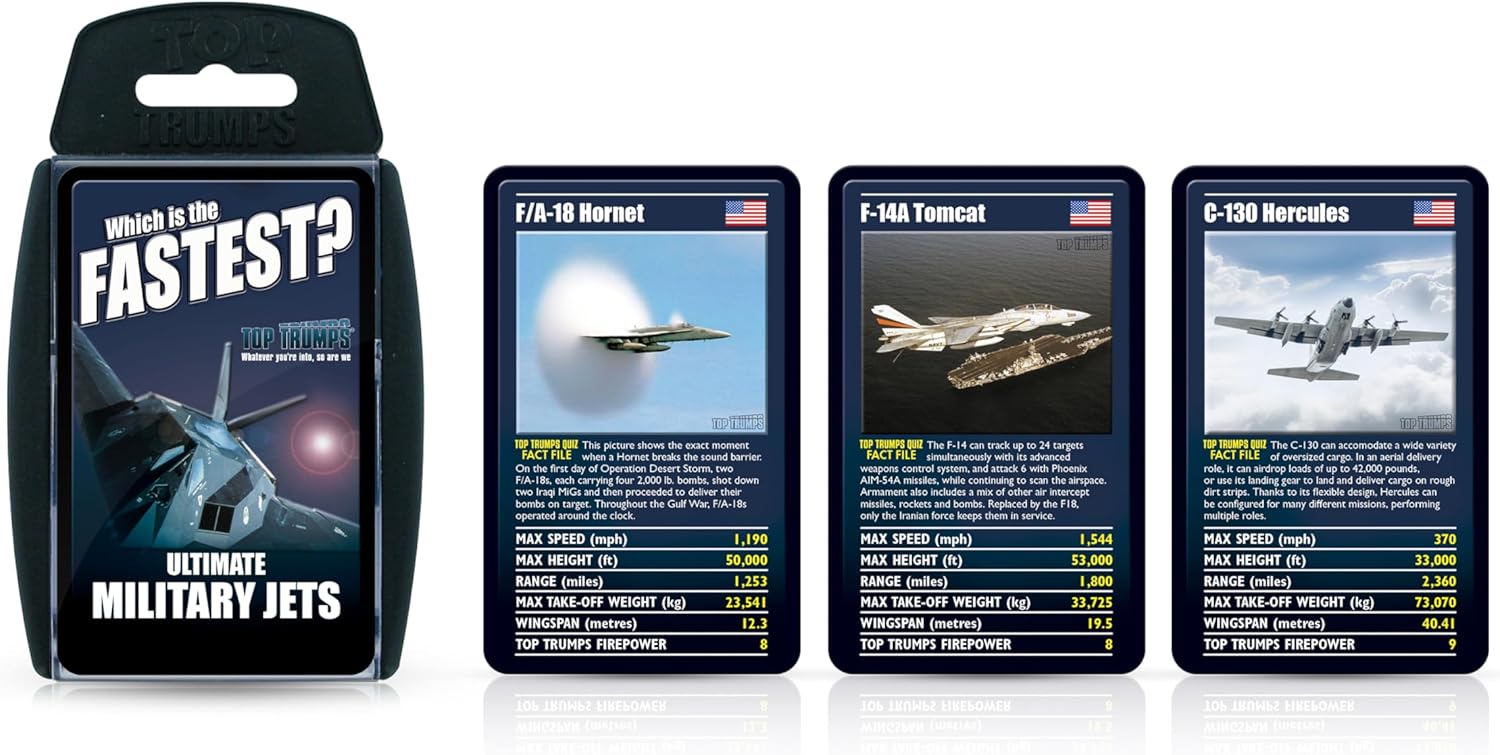 Top Trumps Ultimate Military Jets Classics Card Game, learn facts about the Dassault Rafale and the E-3 Sentry in this educational packed game, 2 plus players makes a great gift for ages 6 plus