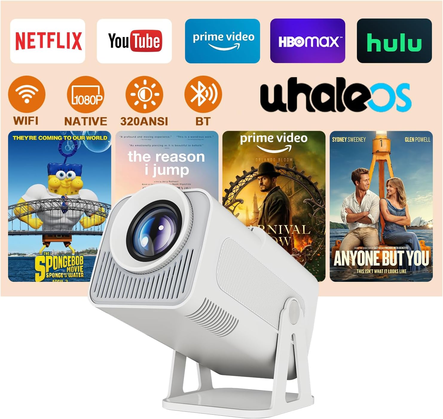 Upgraded HY320 Android 13 Smart Projector 4K Netflix Official, 320 ANSI Projector with WiFi Bluetooth, 180° Rotatable, Auto Keystone, ChatGPT Voice Assistant Portable Video Projectors for Bedroom