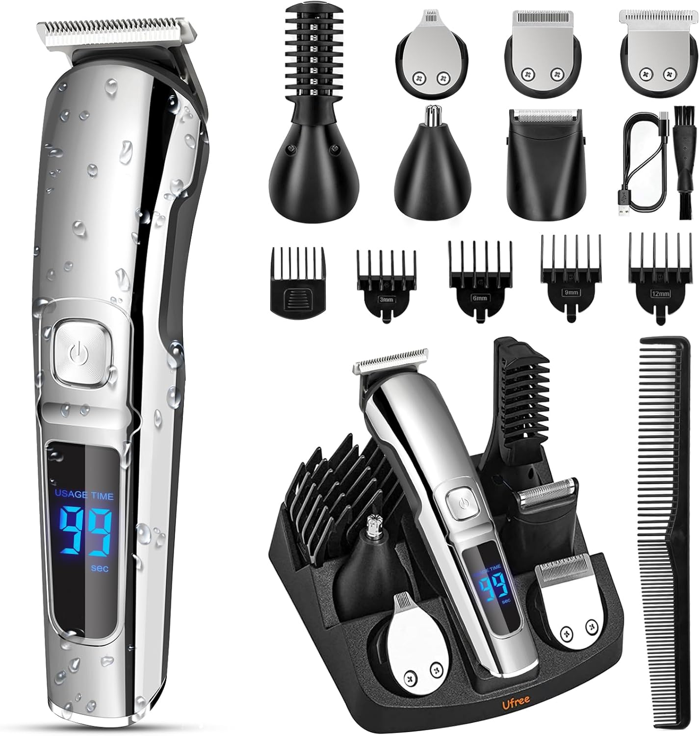 Ufree Beard Trimmer Men, Waterproof Electric Razor for Nose, Body, Face and Mustache, Cordless Hair Clippers Shavers for Men Grooming Kit, Gifts for Mens Husband Father