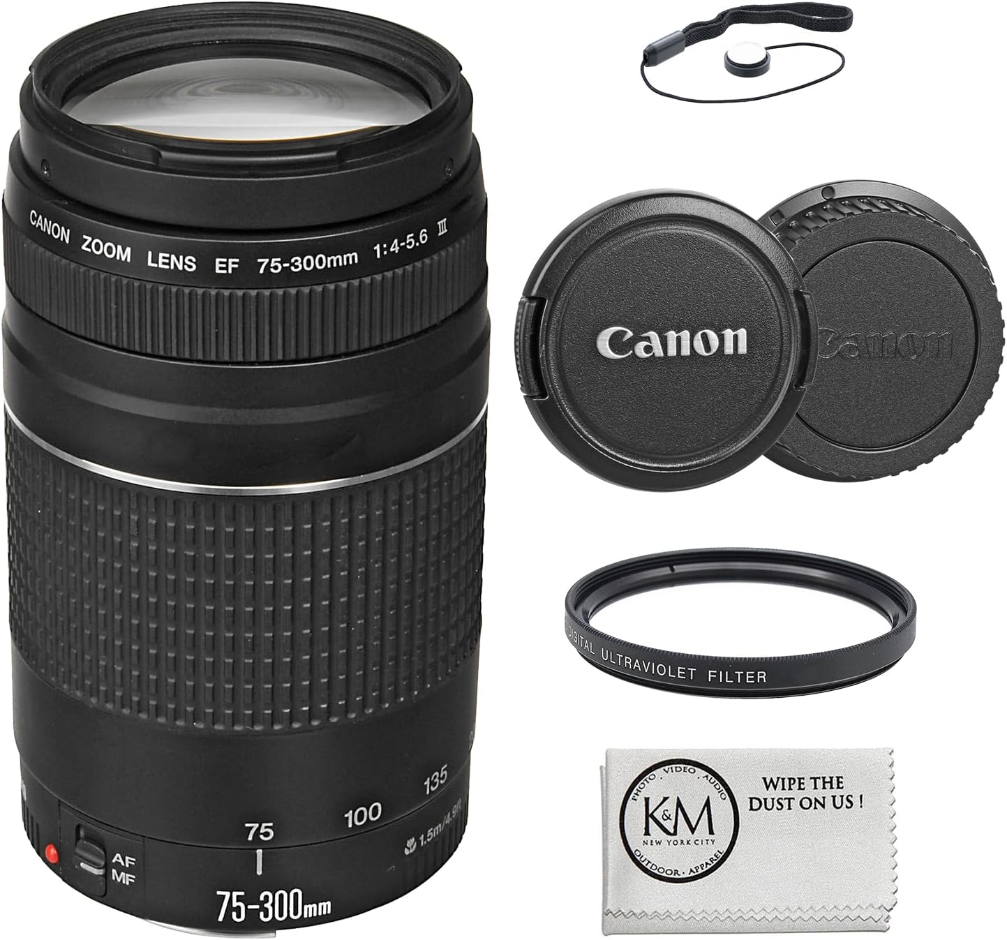 Canon EF 75-300mm f/4-5.6 III Lens Bundled with 58mm UV Filter + Lens Cap Keeper + Microfiber Cleaning Cloth (4 Items)