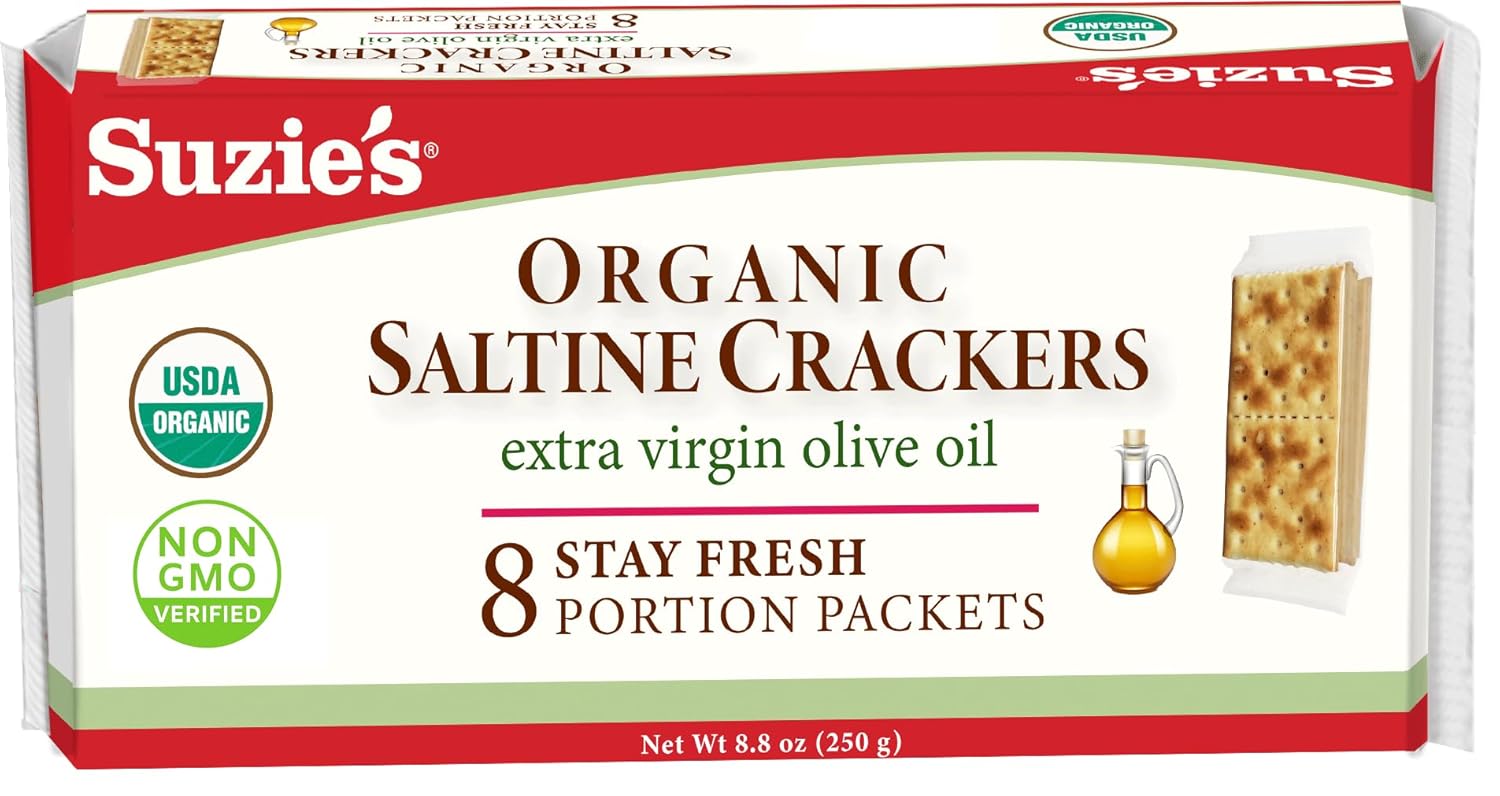 Suzie's, Organic Saltines, Salted Crackers, Salt & Extra Virgin Olive Oil Flavor - 8.8oz Pack