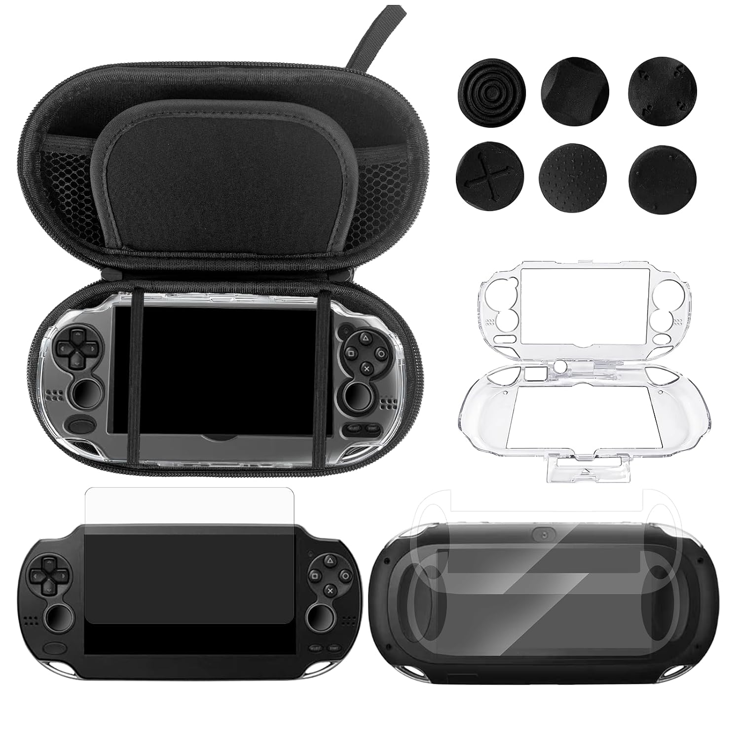 JDGPOKOO 10 in 1 Accessories Kit for PS Vita 1000, Carrying Case for PSV 1000, Protective Case, Front and Back Screen Protectors, and 6Pcs Thumb Grip Caps, for PlayStation Vita 1000/PCH-1000 ONLY