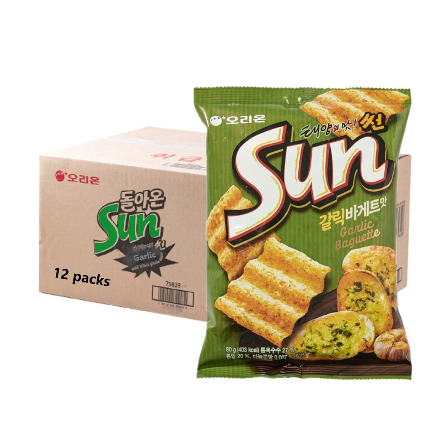 ORION SUNCHIP CORNCHIP BASED Garlic Baguette/Hot & Spicy (135G) Big Size Korean Chip (Garlic, Box (12pks))