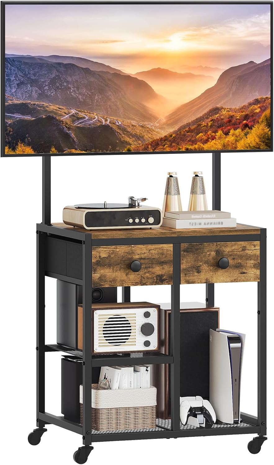 TV Stand with Mount, Corner TV Stand with Wheels, for TVs up to 50 Inches, Rolling Entertainment Center, Small TV Stands, for Living Room, Meeting Room, Bedroom, Rustic Brown DS08BR