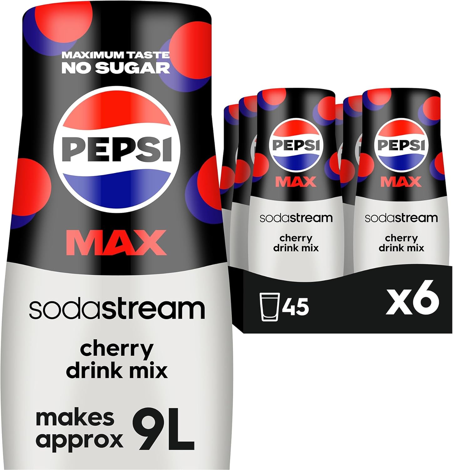 SodaStream Pepsi MAX Cherry Fizzy Water Flavouring Syrup, Sugar Free Soda Syrup, Zero Sugar Pepsi Flavour, 6 x 440ml Multipack, Home Soda, Flavoured Sparkling Water, Drink Mix, Makes Approx 54L