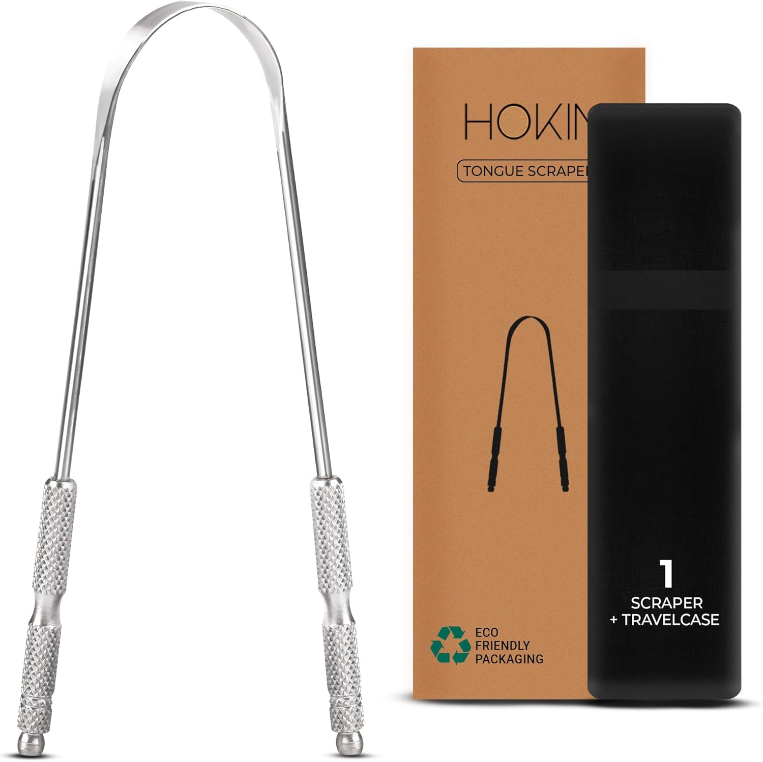 Tongue Scraper for Adults by HOKIN (1Pcs Oral Care Pack) Stainless Steel Tongue Cleaners Reduce Bad Breath 100% Metal Tough Scrapers Men and Women Hygiene Product, Silver, 2.0 Count