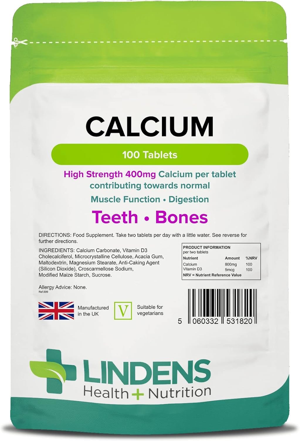 Lindens Calcium Carbonate 400mg Triple Pack 300 Tablets Food Suppplement