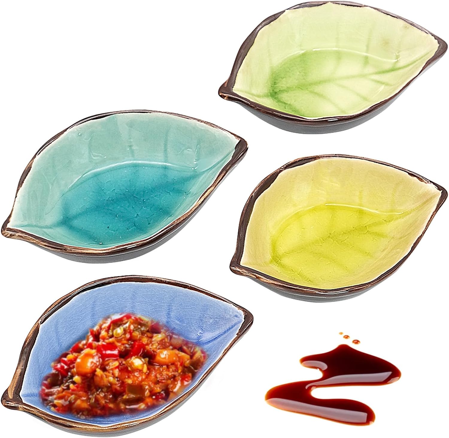 Gittoovo 4Pcs Ceramic Sauce Dishes Leaves Shape Handmade,Soy Sauce Dish,Mini Side Seasoning Dish,Snacks,Sushi,Fruit Appetizer,Dessert Dinner and Holds Bones Scraps from Meal,4 Colours