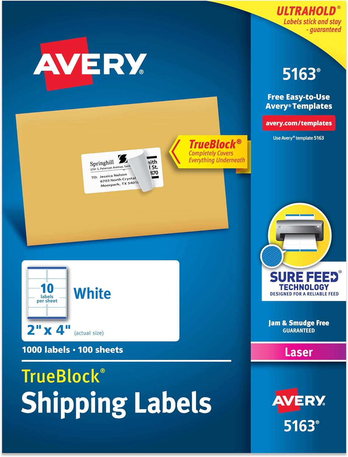 Avery Printable Shipping Labels with Sure Feed, 2" x 4" Customizable Stickers, White, 1,000 Blank Mailing Labels, Great for Mailing, Shipping, and More (5163)