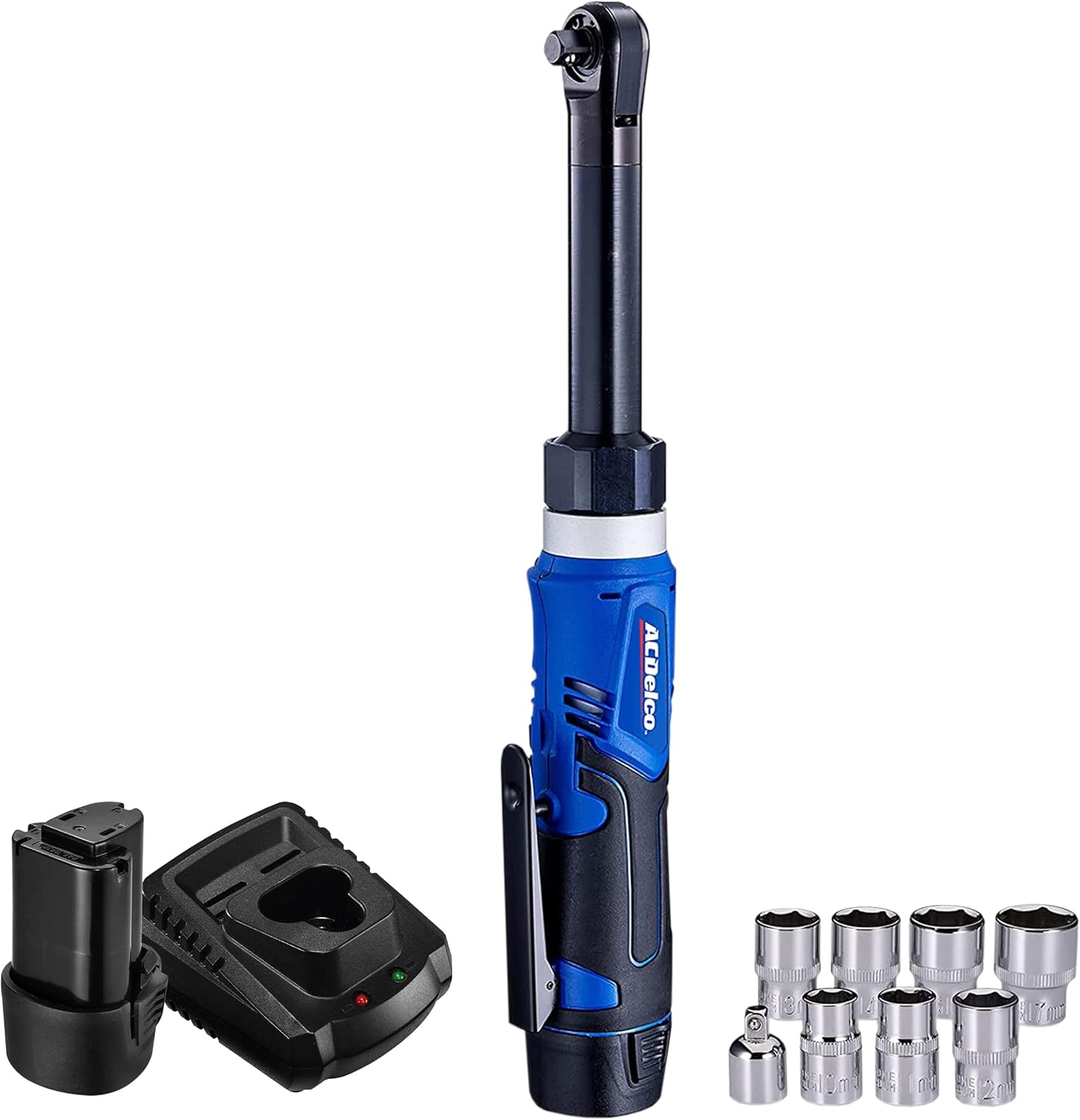 ACDelco ARW1218-3P2S G12 Lithium-Ion 12V (10.8V) Extended 3/8” Electric Cordless Ratchet Wrench Power Tool Kit | Tool Set Includes x2 Batteries, x1 Charger & Socket Set
