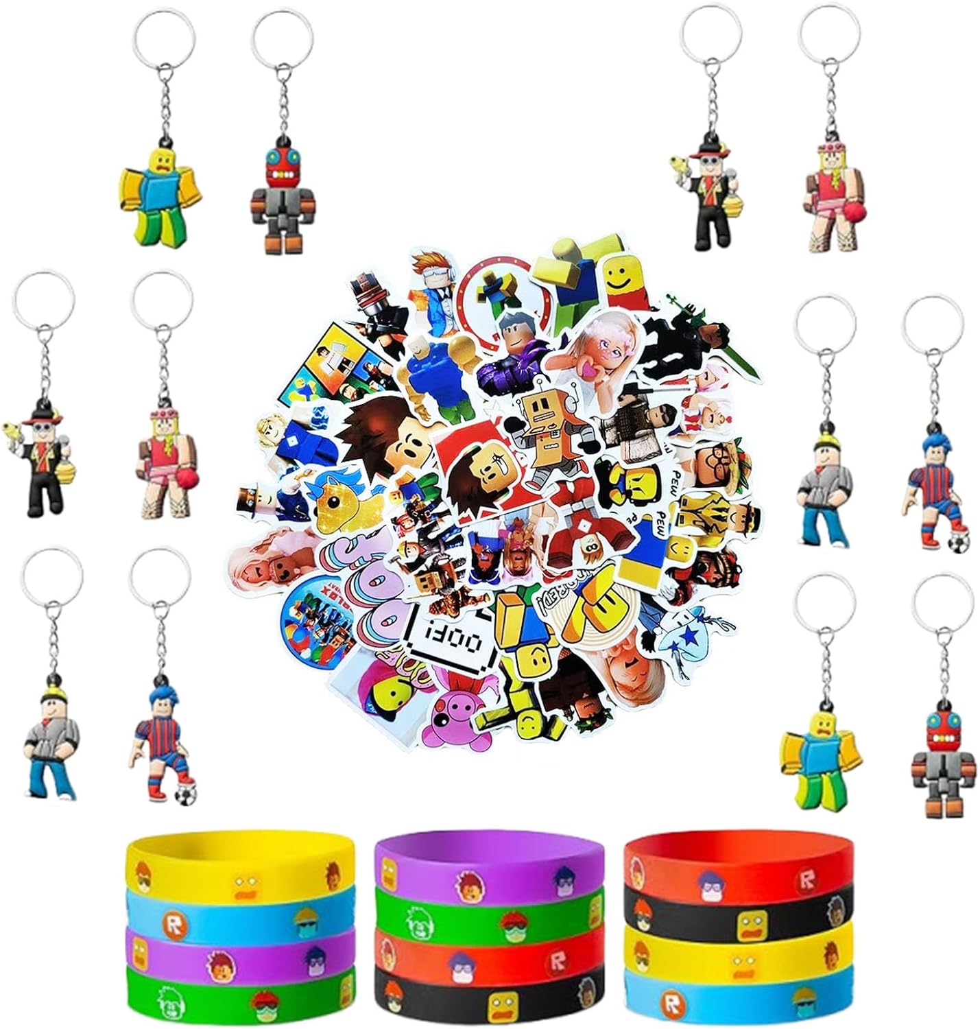 Jofiesu 74PCS Robot Blocks Party Favors Set Include 12 Bracelets and Keychains for Video Game Fans Colored Silicone Wristbands Rubber Key Chains Supplies Kids Birthday Themed Party