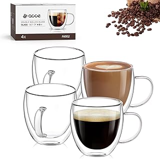 OJA 6 oz Espresso Cups Set of 4, Double Wall Glass Mugs with Handle Perfect for Cappuccino, Latte, Tea, Clear Glass Espresso Shot Cups Suitable for Espresso Machine