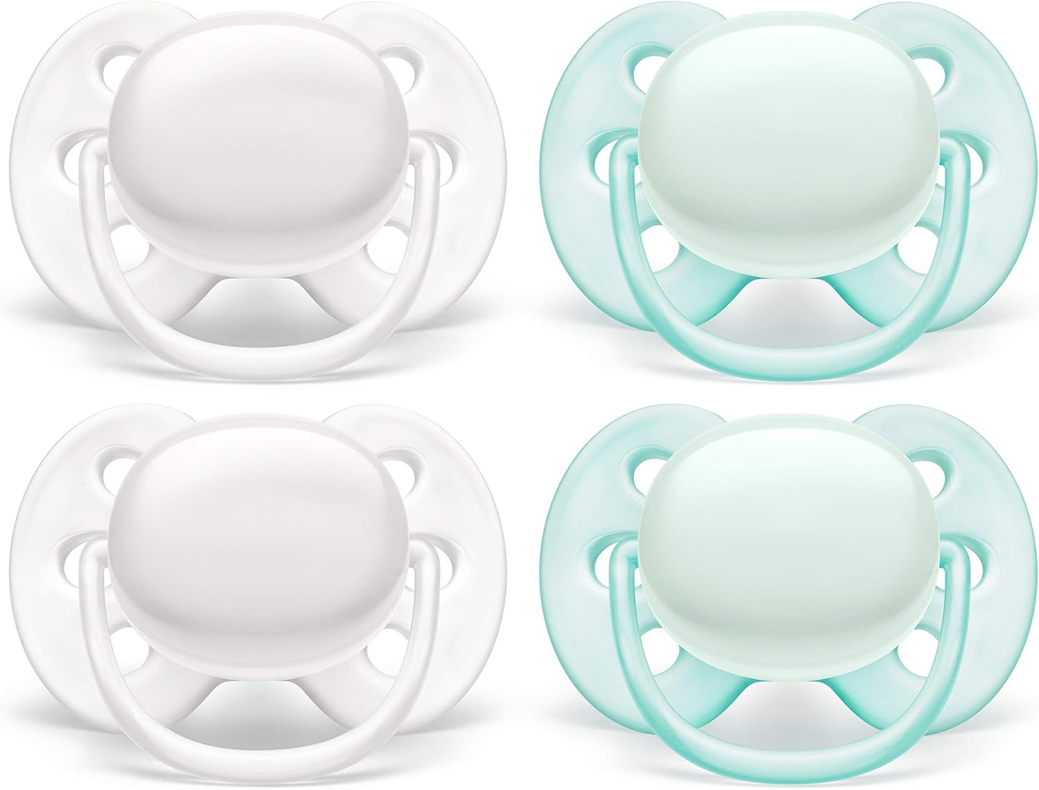 Philips AVENT Ultra Soft Pacifier, 0-6 Months, Arctic White/Green, 4 Pack, SCF214/40