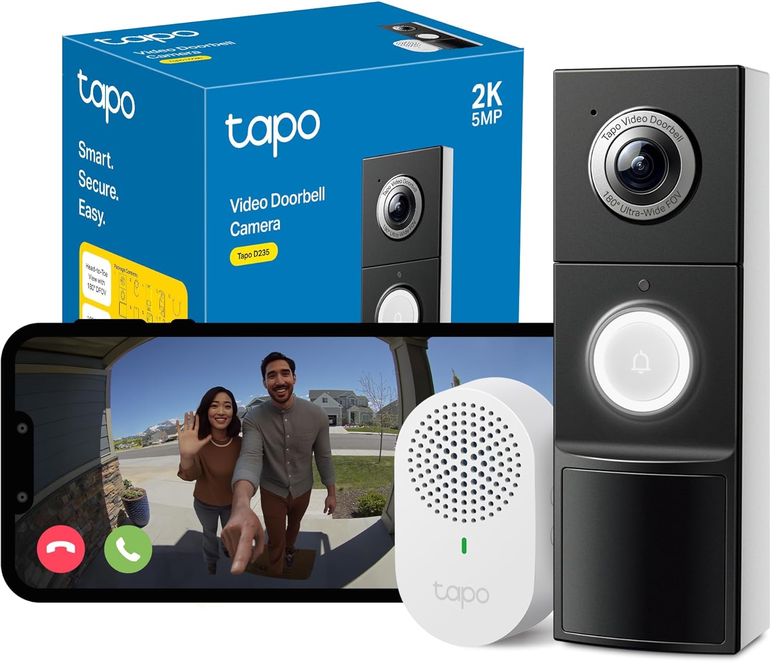 Tapo D235 2K 5MP Doorbell Camera Wireless 180°DFOV Ultra-Wide Video Doorbell Wireless or Wired,Battery 210 Day,Ring Chime Included,Head-to-Toe View IP66,TP-Link Free AI Detection,Alexa,No Monthly Fee