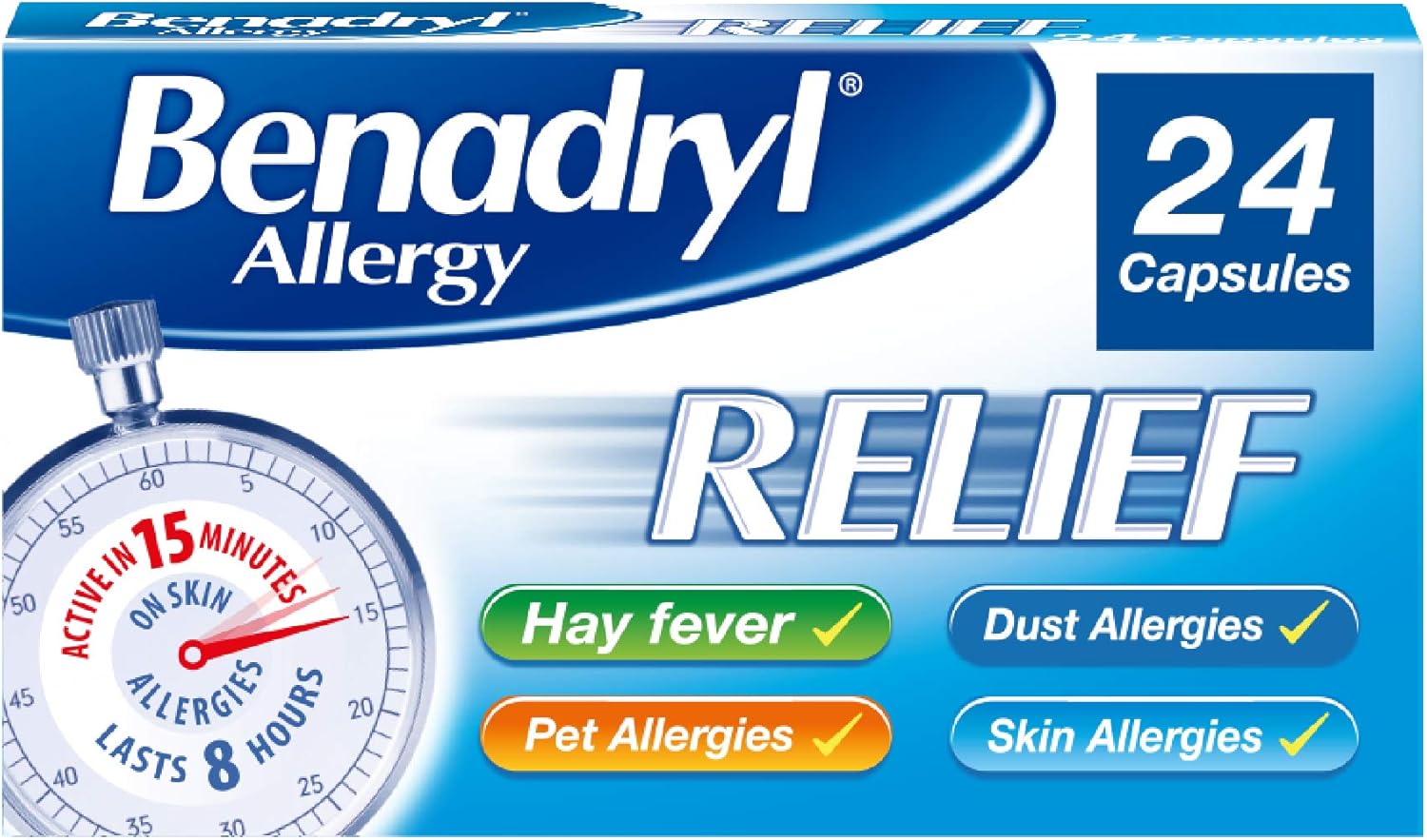 Benadryl Allergy Relief Capsules (1 x 24), Antihistamine Capsules with Acrivastine, Hayfever Tablets for Relief, Suitable for Pet, Dust, and Skin Allergies