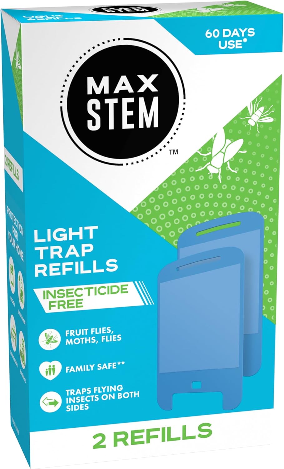 MAX STEM Light Trap, Insecticide Free Fly Catcher, Indoor Fly & Fruit Fly Trap for 24/7 Protection Against Flies, Fruit Flies & Moths, Pet Safe & Child Safe, Refill Pack (2 x Double Sided Refills)