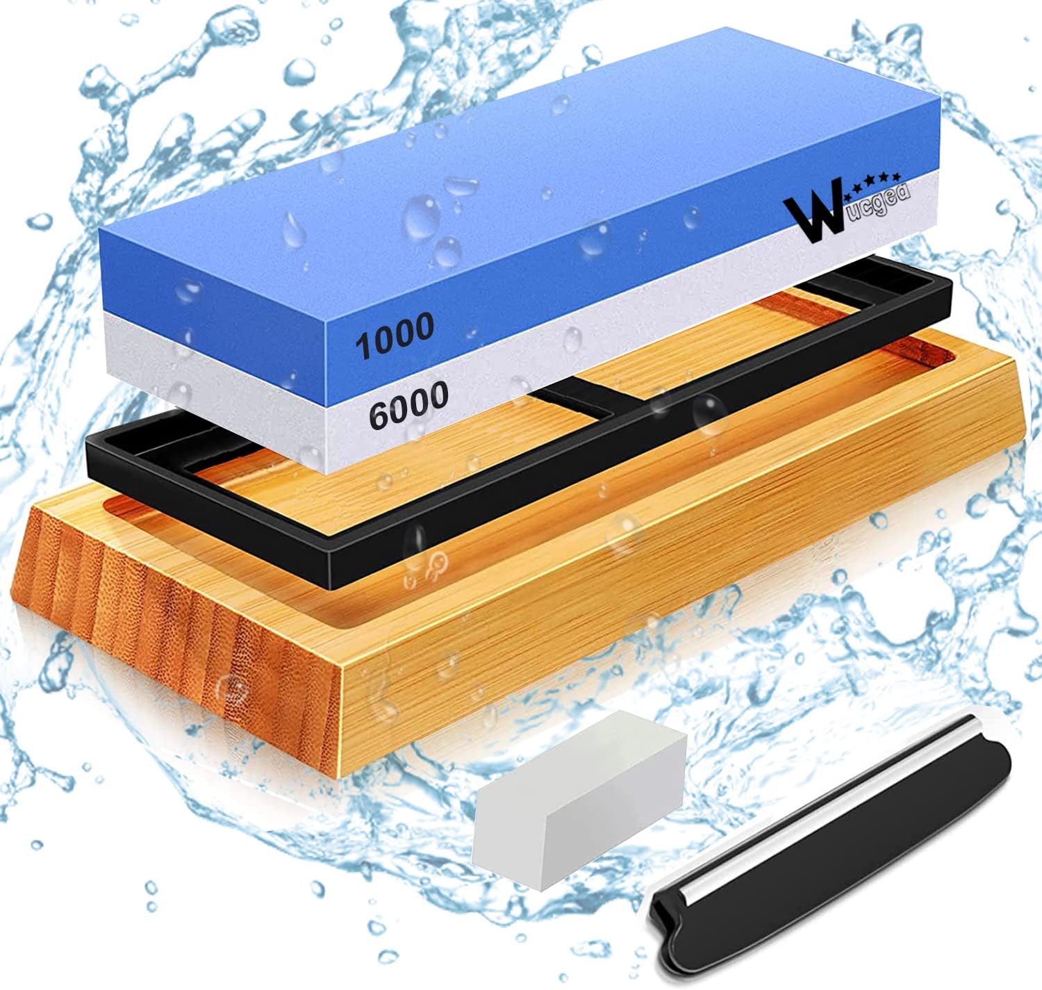 Knife Sharpening Stone Kit - 1000/6000 Grit Japanese Whetstone Sharpener Set with Non-Slip Rubber Base Angle Guide Flattening Stone for Kitchen Knives Chisel Axe Scissors