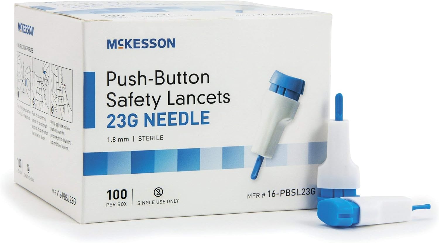 McKesson Lancet, Push-Button Safety, Blue, Depth Settings - 1.8 Mm Depth, 100per Box, 12 Oz 23 G