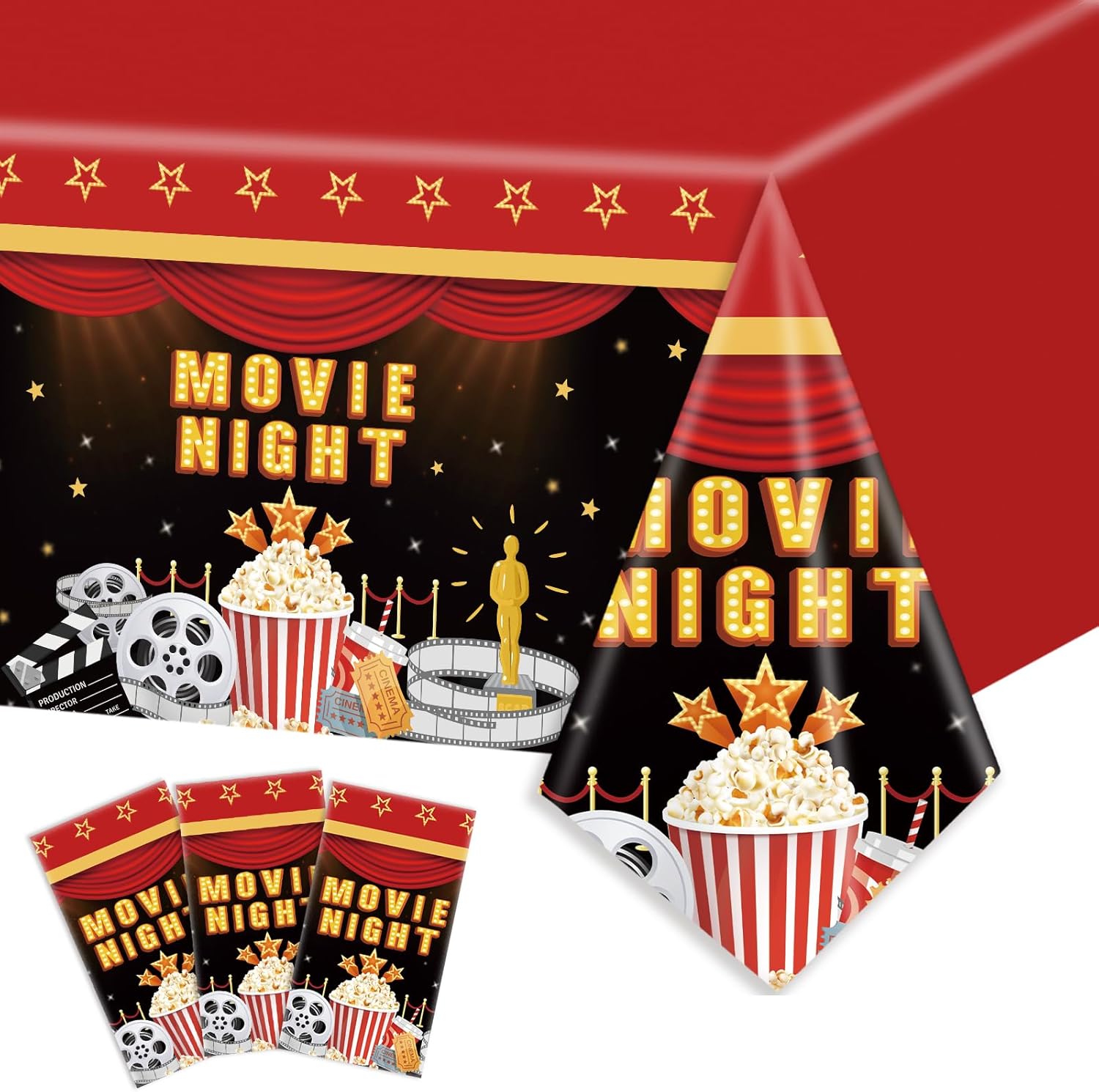 3pcs Movie Night Party Tablecloth Movie Night Birthday Table Cover Now Showing Theater Table Cloth Plastic Rectange Birthday Party Decor, 54 x 108 Inch