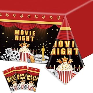 3pcs Movie Night Party Tablecloth Movie Night Birthday Table Cover Now Showing Theater Table Cloth Plastic Rectange Birthday Party Decor, 54 x 108 Inch