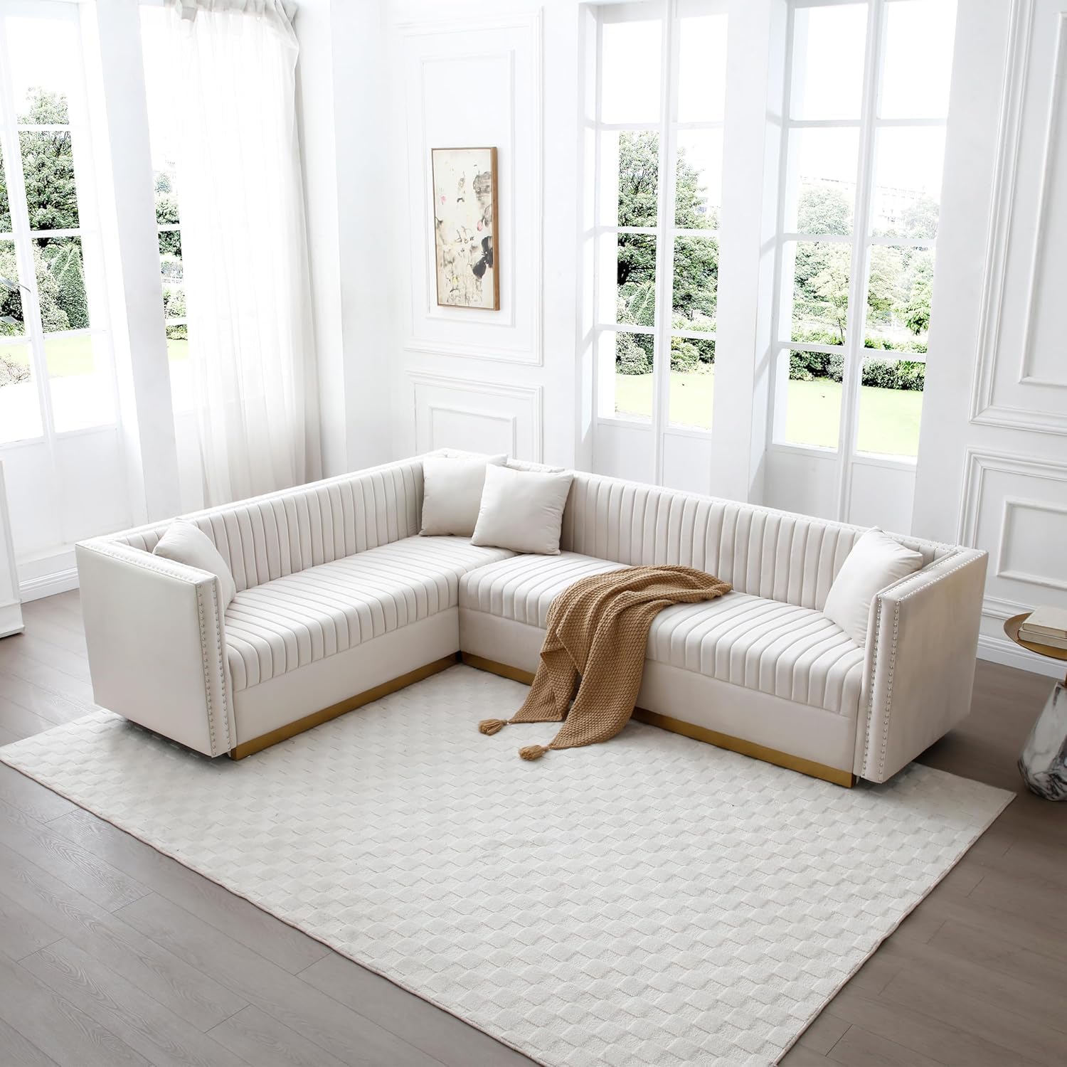 2PCS Contemporary Sofa Sets Vertical Channel Velvet Tufted Corner Sofa&Couch Include 3 Seater Couches, L-Shaped Corner Sectional Sofa with Golden Metal Strip Decor for Apartment Office Living Room