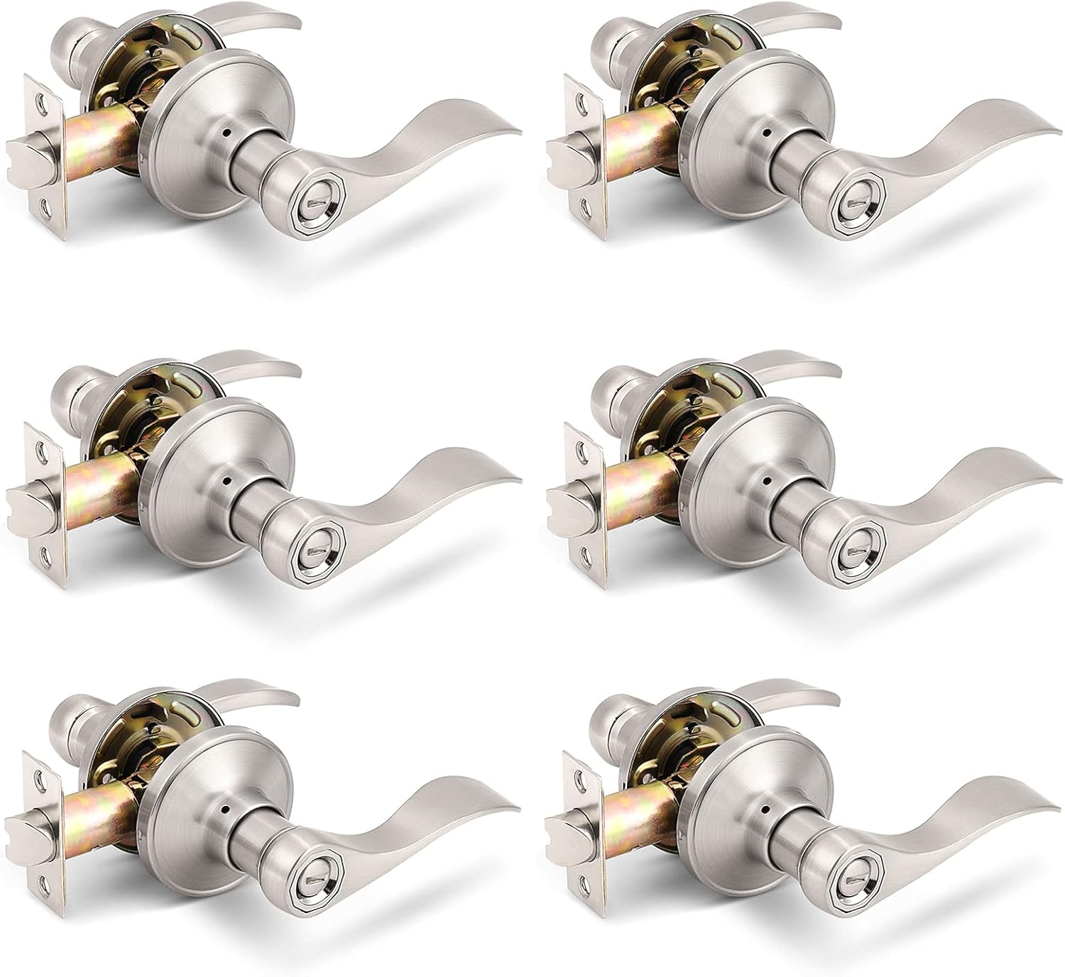 Gobrico 6 Pack Privacy Locksets Interior Door Levers/Handles for Bedroom Bath, Wave Levers, Right Left Handed Door Knobs, Satin Nickel Finished