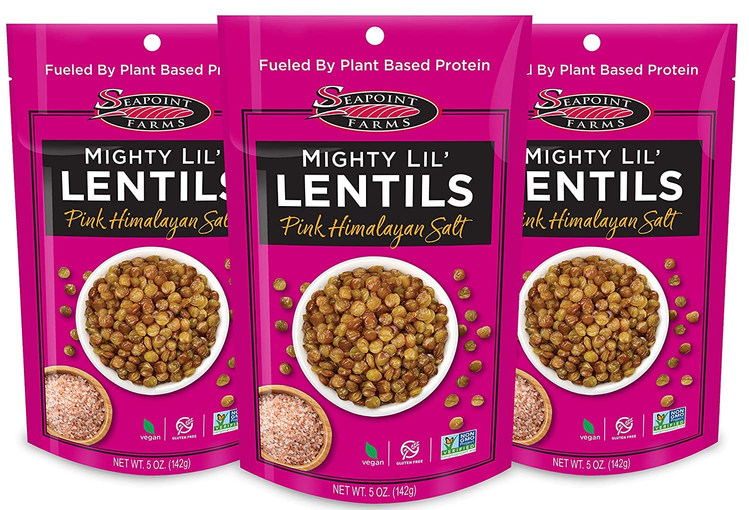 Seapoint Farms Mighty Lil’ Lentils, Pink Himalayan Salt, Plant Based Protein, Vegan, Gluten-Free, Non-GMO, and Kosher Crunchy Snack for Healthy Snacking, 5 oz (Pack of 3)