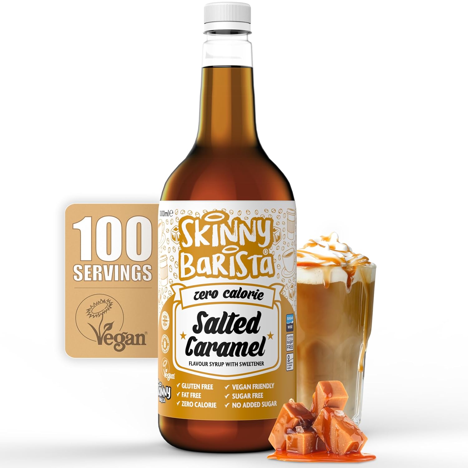 Skinny Food Co Salted Caramel Syrup Zero Calorie 33 Fl Oz - Sugar Free Coffee Syrups For Tea, Hot Chocolate, Fruit, Baking, Protein Drinks - Vegan-Friendly, Gluten-Free & Fat-Free - Syrups For Coffee Drinks