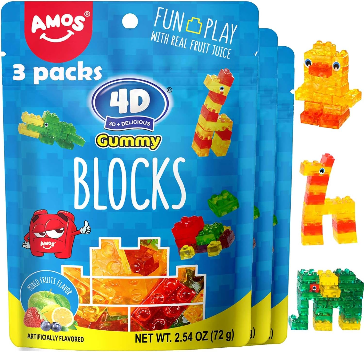 AMOS 4D Gummy Sweets Blocks & Bricks Candy, Mix Fruits Sweet 4 Flavors (Strawberry & Lemon & Blueberry & Apple), Fruit Chews Sweet Kids Party 64g/Bag- 3 Bags