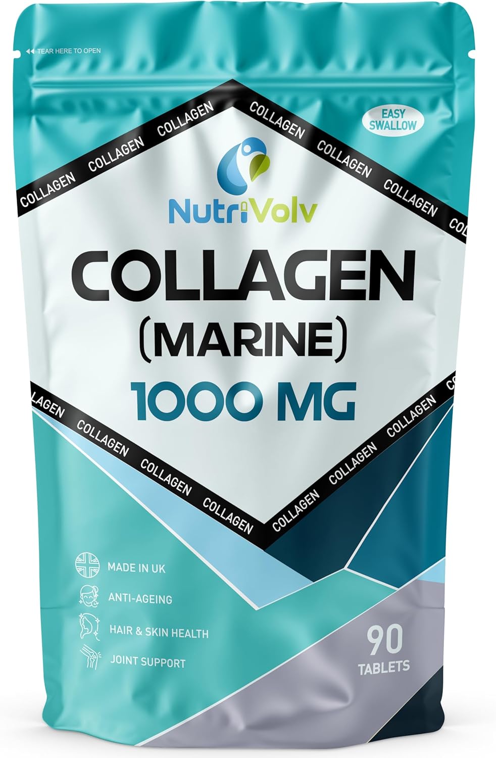 Nutrivolv Collagen Marine (1000mg) Supplement for Skin , Anti Ageing, Tissue, Joints, Bones & Muscles | 90 Multivitamin Tablets