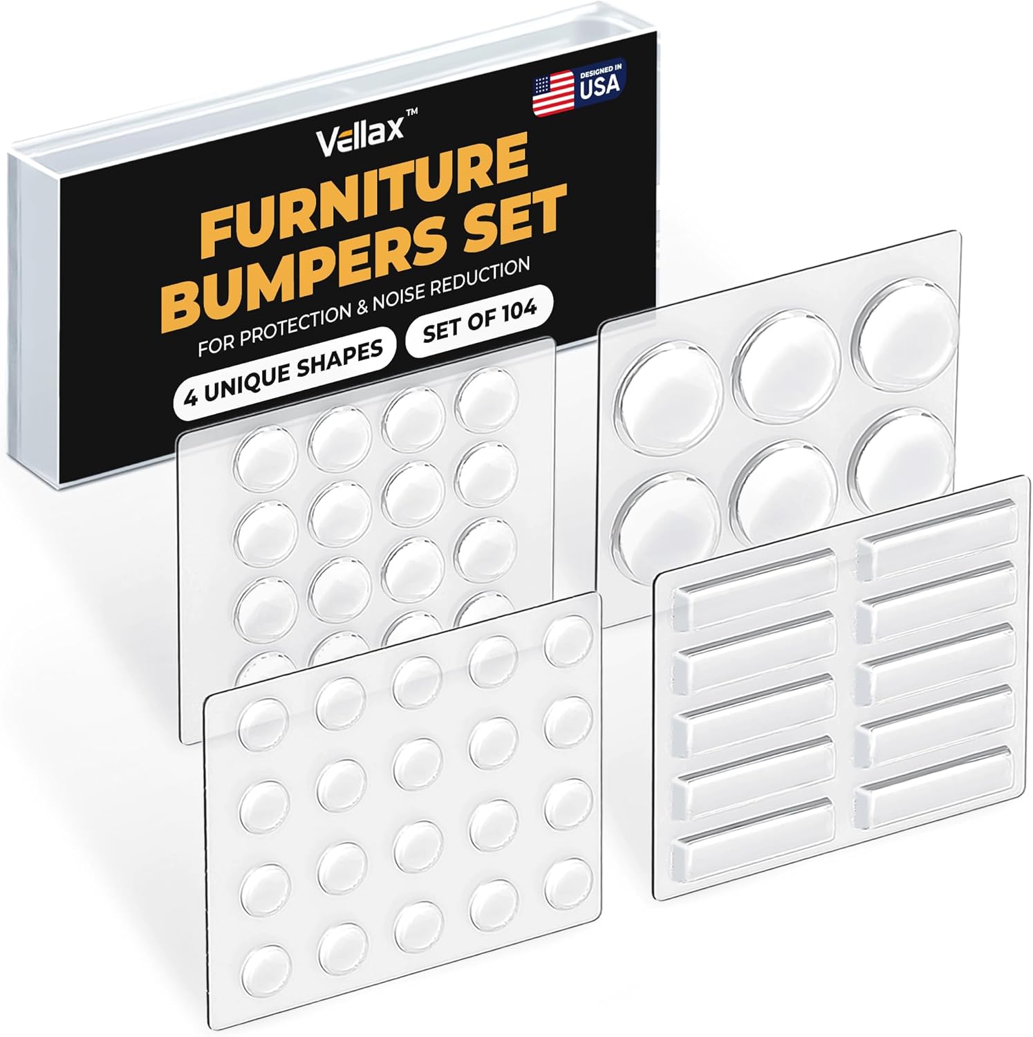 104 Clear Cabinet Bumper Pads – Self-Adhesive Silicone Buffer Set with 4 Shapes for Doors, Drawers & Furniture – Sound Dampening & Surface Protection