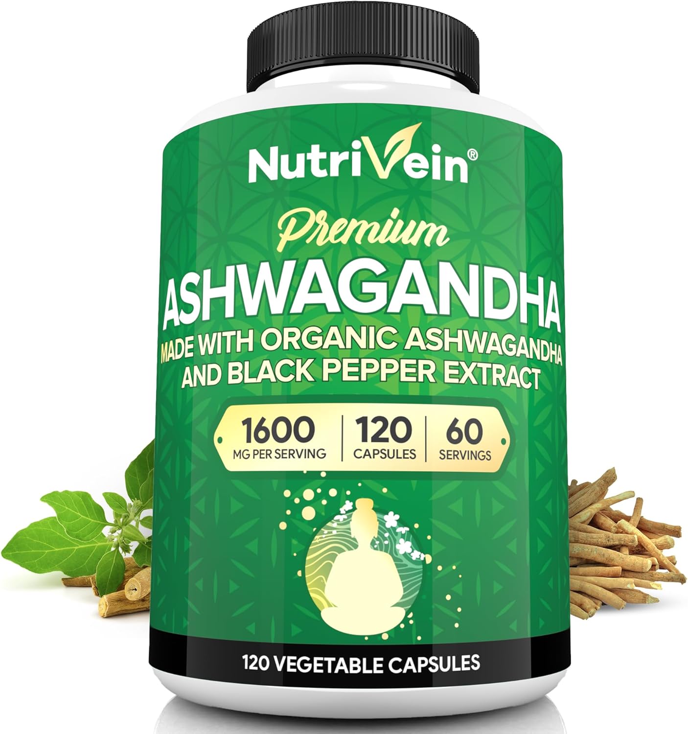 Nutrivein Ashwagandha 1600mg with Black Pepper – High Absorption Root Powder – Stress Relief, Mood Support & Natural Immune Boost – 120 Vegan Capsules