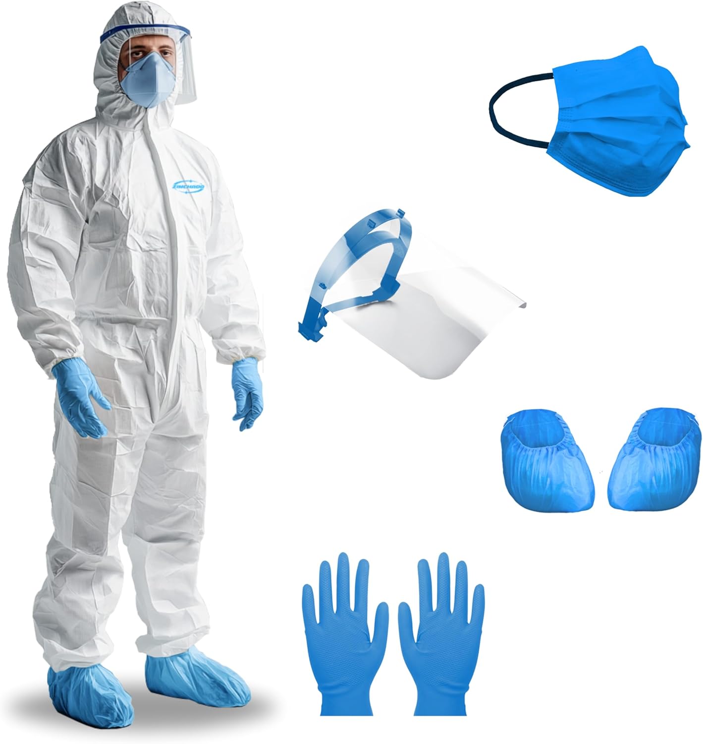 Zimchado Yellow Coverall Chemical Suit With Reusable Acid Resistant Gloves And Plastic Waterproof Shoe Cover