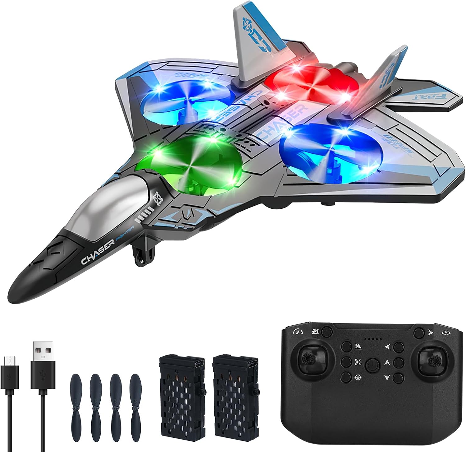 Helmsyde Remote Control Plane 2.4GHz RC Airplanes Helicopter for Kids Adult Beginners 4 Motor Easy to Fly Foam RC Aircraft Toys Spinning Drone with Gravity Sensing Stunt Roll Cool Light 2 Batteries