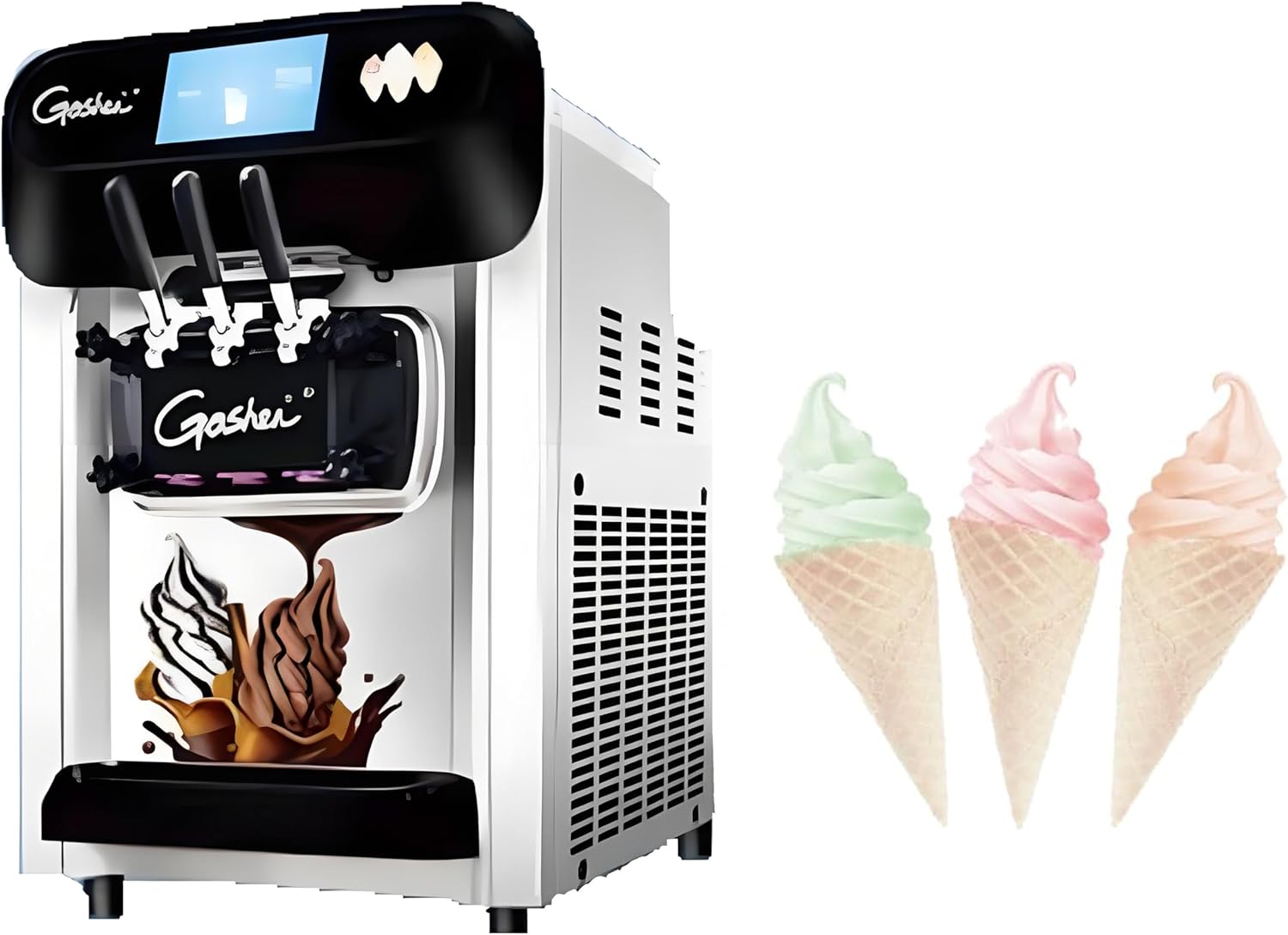 Countertop Soft Serve Ice Cream Maker,Single Control 3 Heads & 7" Screen, 22-30L/H, with LED Display, 2*6L Mix Tanks & 2*2L Freezing Cylinders, 2000W Ice Cream Machine, for Party,Restaurant Snack Bar