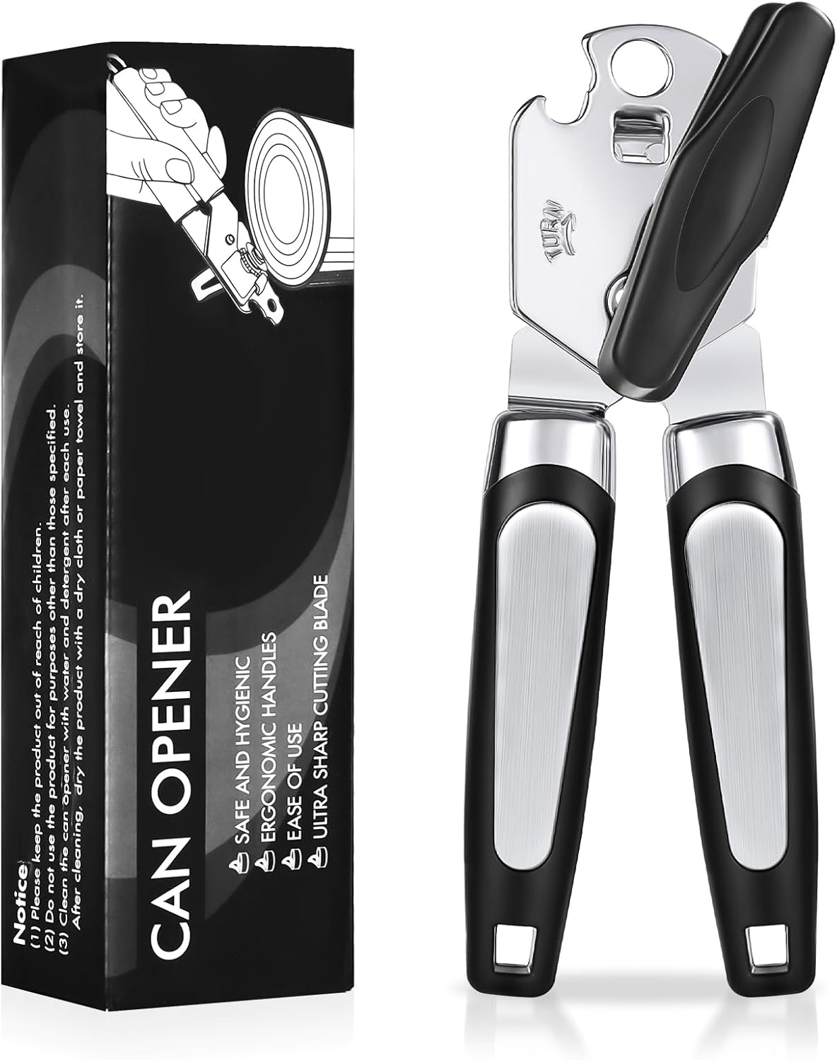 Tin Opener, Lychico 3-in-1Can Opener Handheld Heavy Duty Stainless Steel Can Openers with Multifunctional Bottle Opener, Black